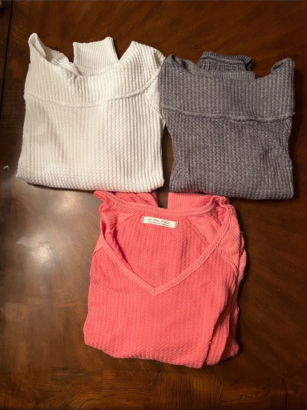 Free People Trio Ribbed V-Neck & Knit Tops - White, Dark Green, Coral Pink